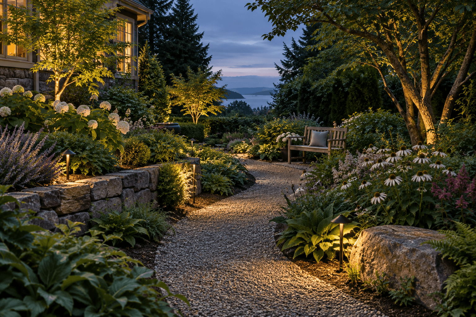 Elegant landscaped backyard with natural stone terraces, water, and layered planting