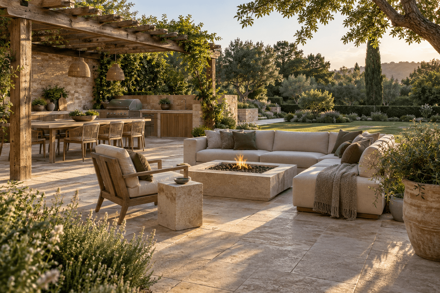 Landscaped outdoor living terrace with natural stone and mature planting
