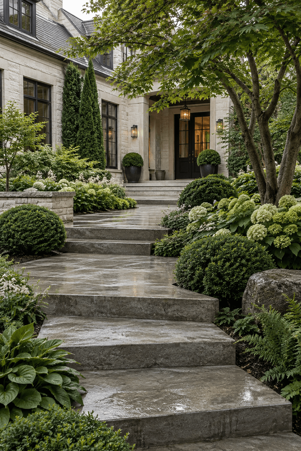 Refined front garden entry with stone path and layered planting