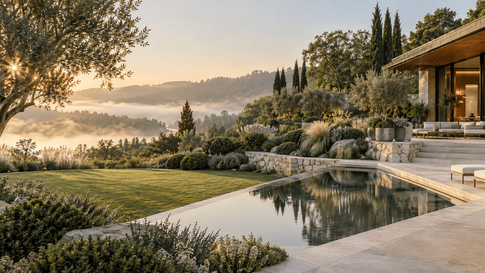 Intimate garden path with rich planting and warm landscape lighting